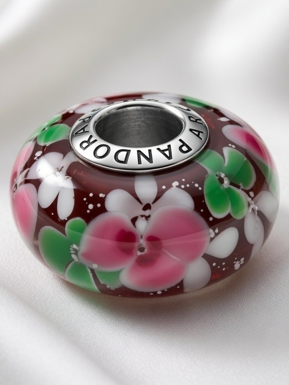 Pandora Glass Floral Charm in Pink, Green & White with Sterling Core Thailand